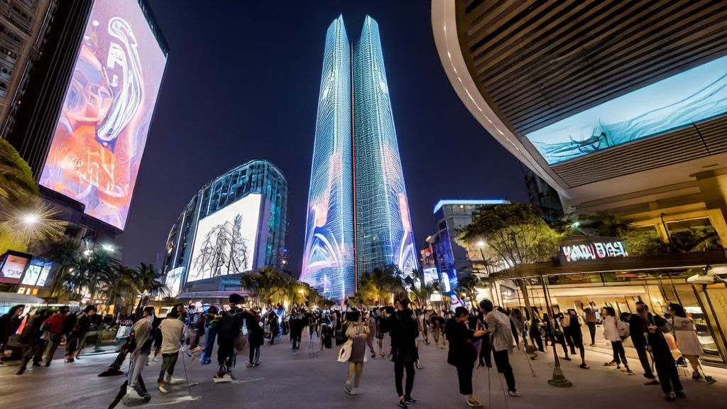 A bustling Southeast Asian city street where people enjoy personalized shopping experiences through an AI acquisition system, with the large logo of Comate AI IDE in the background.