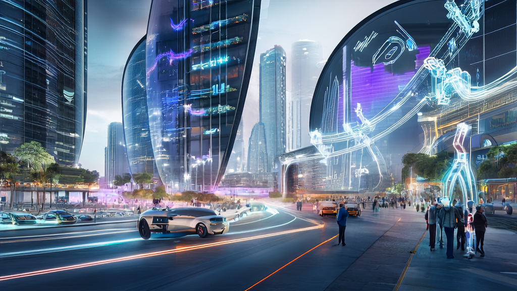 AI intelligent customer acquisition system in cross-border e-commerce, showcasing futuristic urban smart logistics and virtual assistant interactions