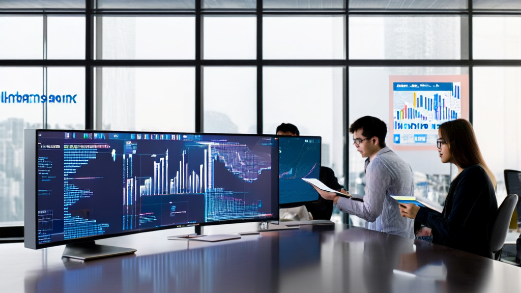A team in a modern office is discussing the application of AI intelligent customer acquisition systems, with sunlight shining on charts showing cross-border e-commerce growth trends.
