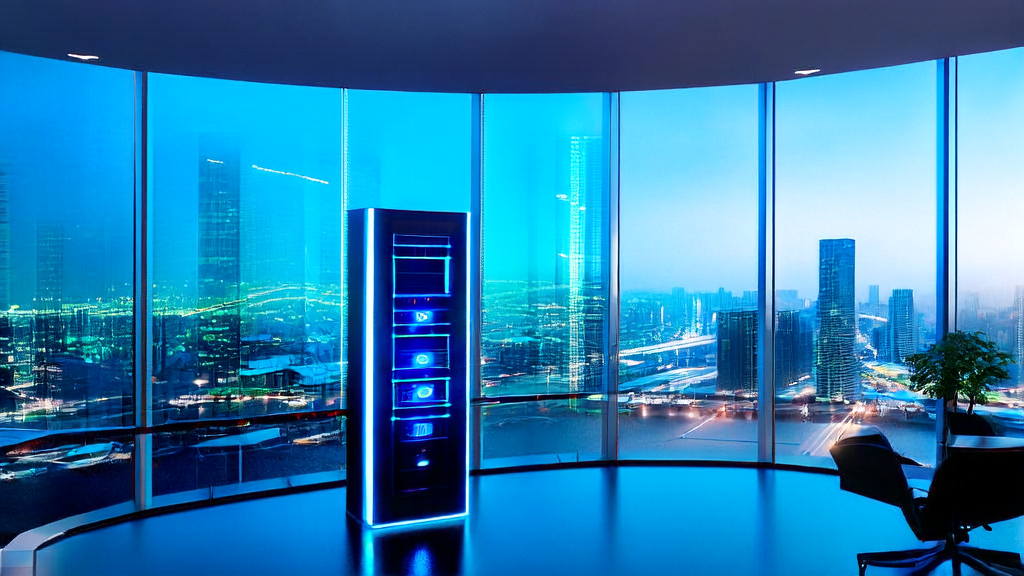 AI intelligent customer acquisition system in a modern office with a bustling cityscape outside