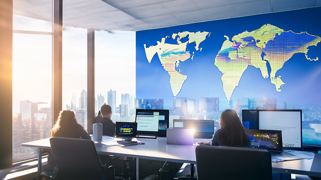 In an office of a small and medium-sized enterprise, employees are using the AI intelligent customer acquisition system, with sunlight streaming in through floor-to-ceiling windows and a world map hanging on the wall.
