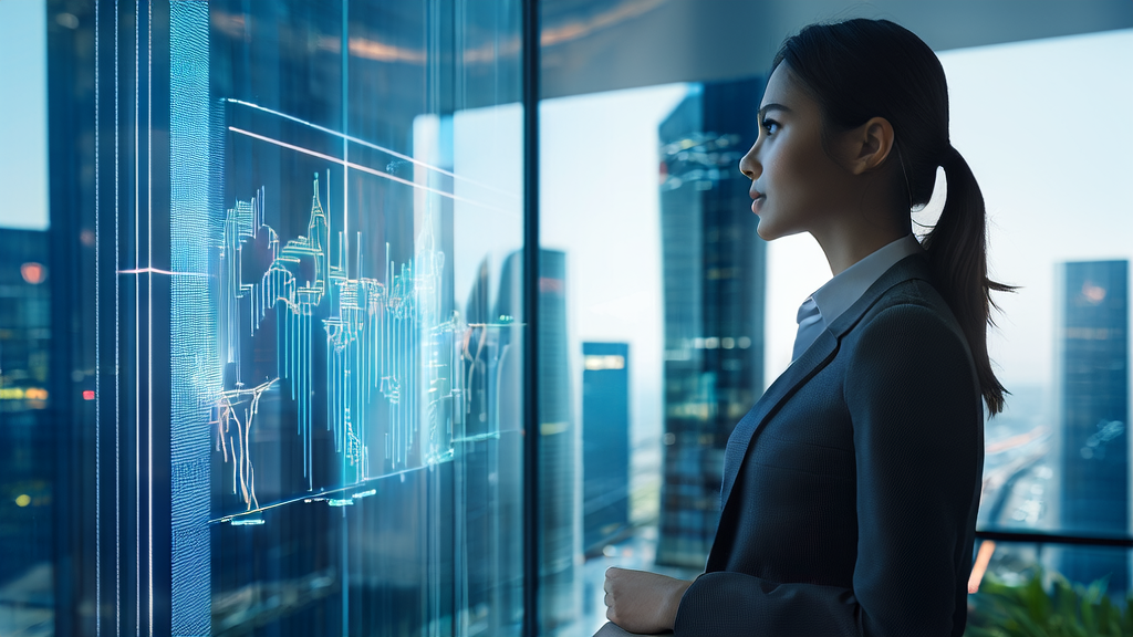 A young entrepreneur analyzes customer data using an AI-powered customer acquisition system, with a conversational video generated by VEED Fabric 1.0 playing beside her, set against a backdrop of a bustling city skyline.