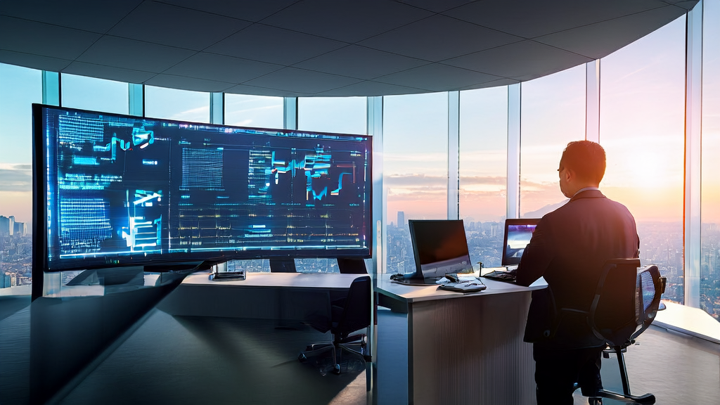 员工在现代化办公环境中使用Qwen3Guard处理客户数据，背景是繁忙的城市天际线。