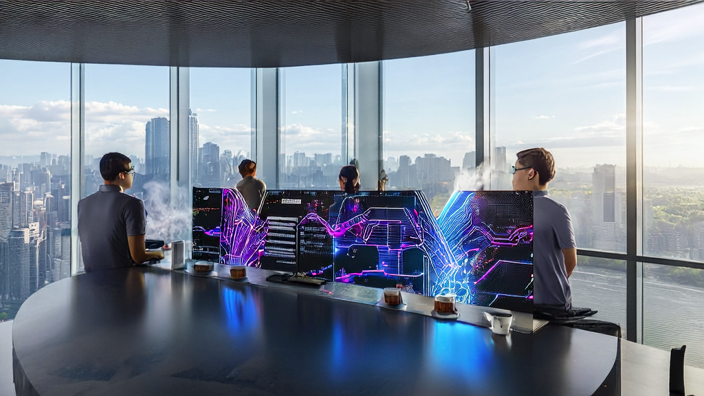 Tech professionals in a modern office using AI-driven customer acquisition system to analyze client data