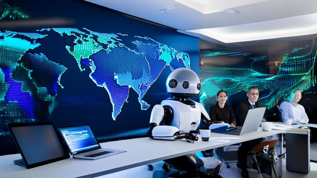 办公室内的AI智能获客系统正在处理全球市场数据，员工与智能机器人互动，提升工作效率。