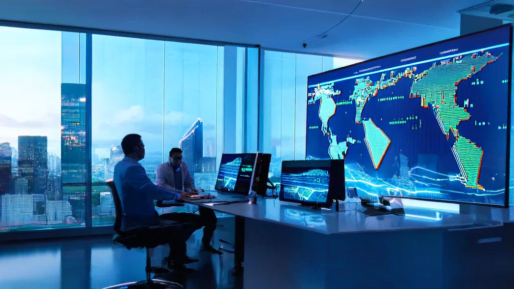 Employees in a modern office using AI intelligent customer acquisition system for real-time data analysis and market monitoring