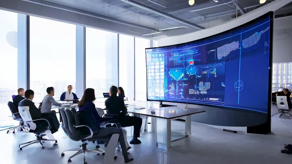 Employees in a modern office using AI intelligent customer acquisition system for client acquisition and data analysis