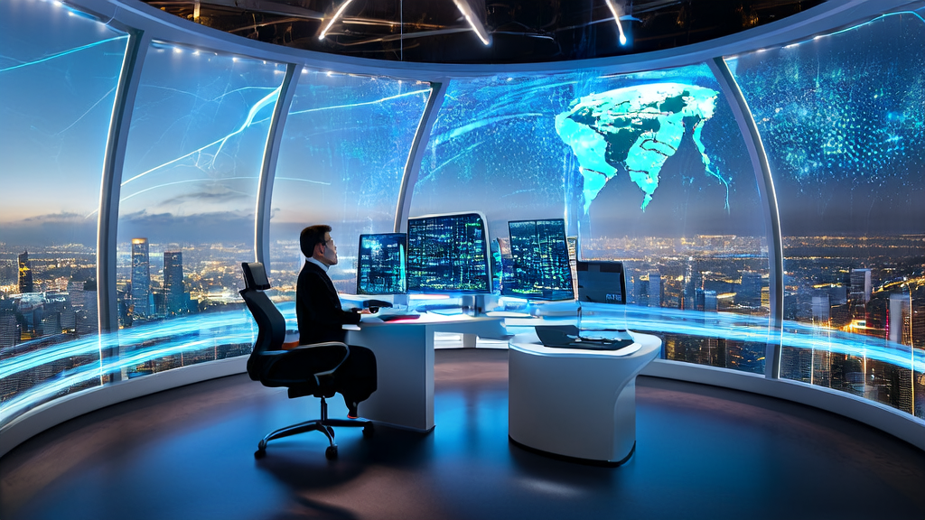 未来感办公室中展示AI智能获客系统优化跨境电商销售