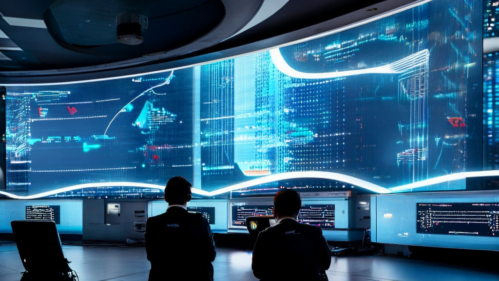 A control center showcasing the AI intelligent customer acquisition system, with technicians monitoring system operations and addressing the xAI event