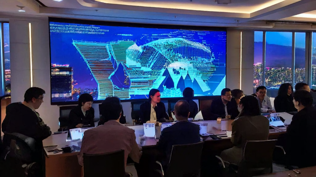 科技公司团队观看AI生成的行业白皮书视频，探讨全球化业务蓝图