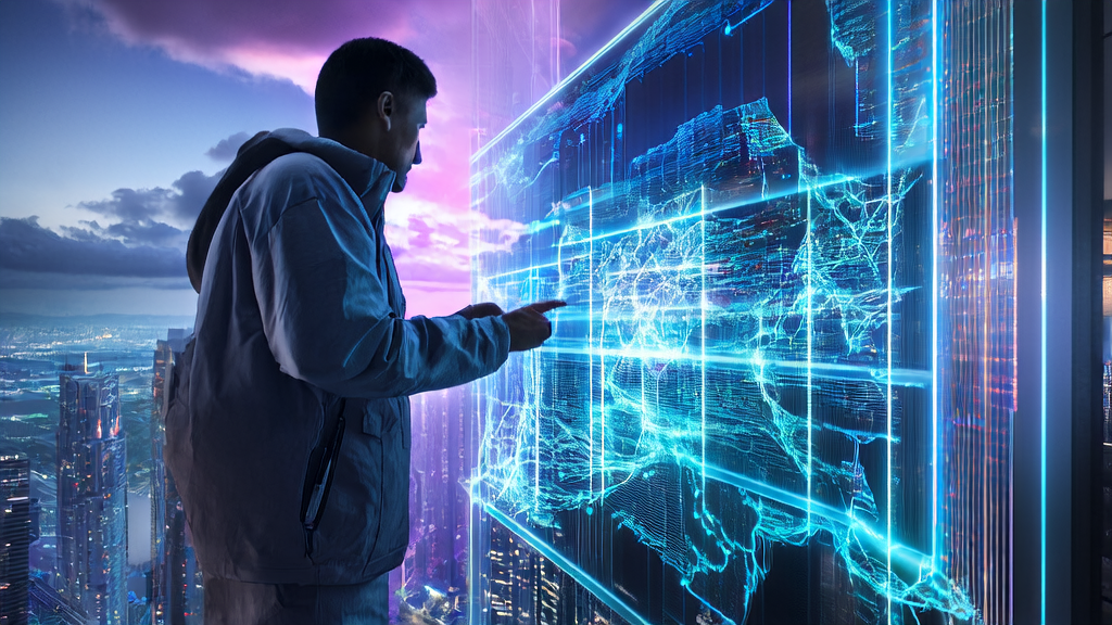 A programmer operates AI programming tools via terminal interface in a futuristic city, showcasing applications of AI keyword mining and customer data cleaning