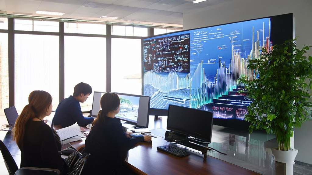 In a modern office, staff are discussing AI keyword mining and data cleaning services, with complex algorithms and data streams displayed on the screen. The background wall chart shows significant customer growth results for export companies.