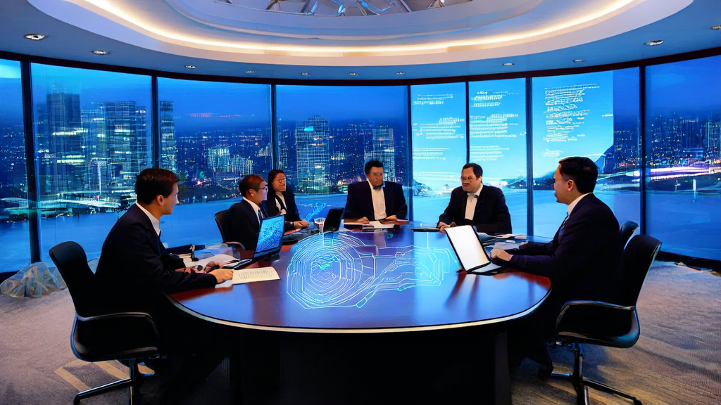Business leaders discussing AI keyword mining optimization and customer data cleaning services in a modern office environment