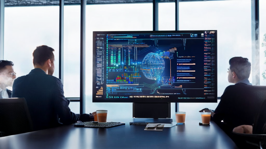 Programmers in a modern office discussing AI keyword mining and high-conversion email strategies