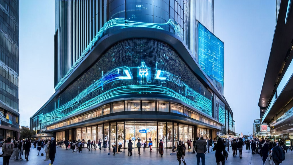 未来城市的高科技大厦前，机器人助手为顾客提供购物建议，展示AI关键词挖掘的强大力量。