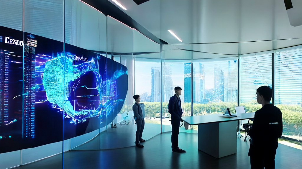 AI keyword mining optimization for independent site acquisition, showcasing a futuristic office where programmers use AI technology for keyword analysis
