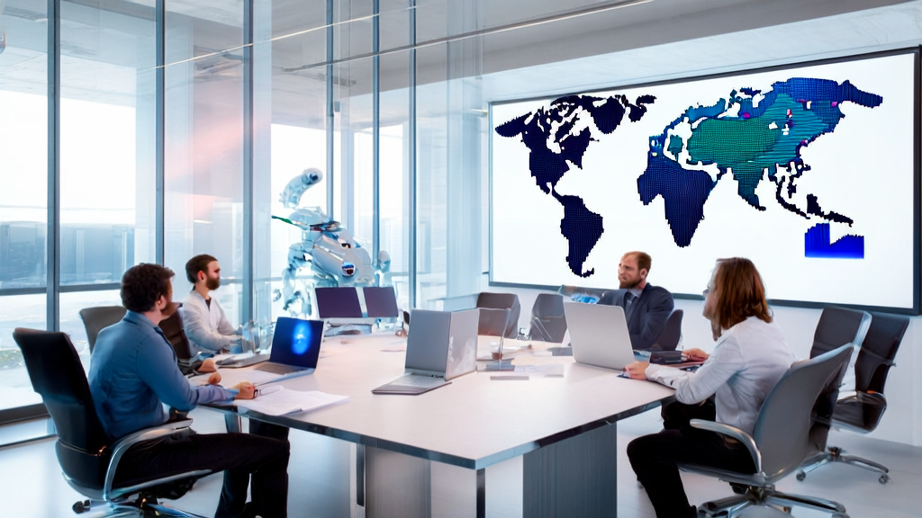 In a modern office, employees use AI tools for keyword mining and data analysis to optimize overseas marketing effectiveness