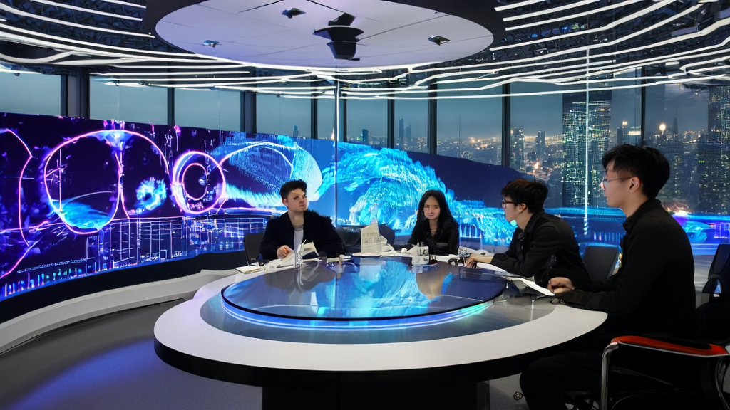 In a futuristic office, the team uses AI keyword mining tools to optimize overseas marketing strategies and showcases multi-modal images generated by Seedream4.0.