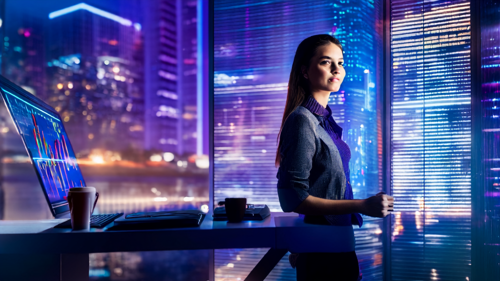 A young entrepreneur in a modern office using AI technology for keyword mining optimization, with a city night view and a poster celebrating successful financing in the background.