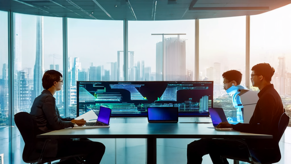 A team of data analysts in a modern office using AI technology for efficient client data cleaning and acquisition, assisted by an intelligent robot.