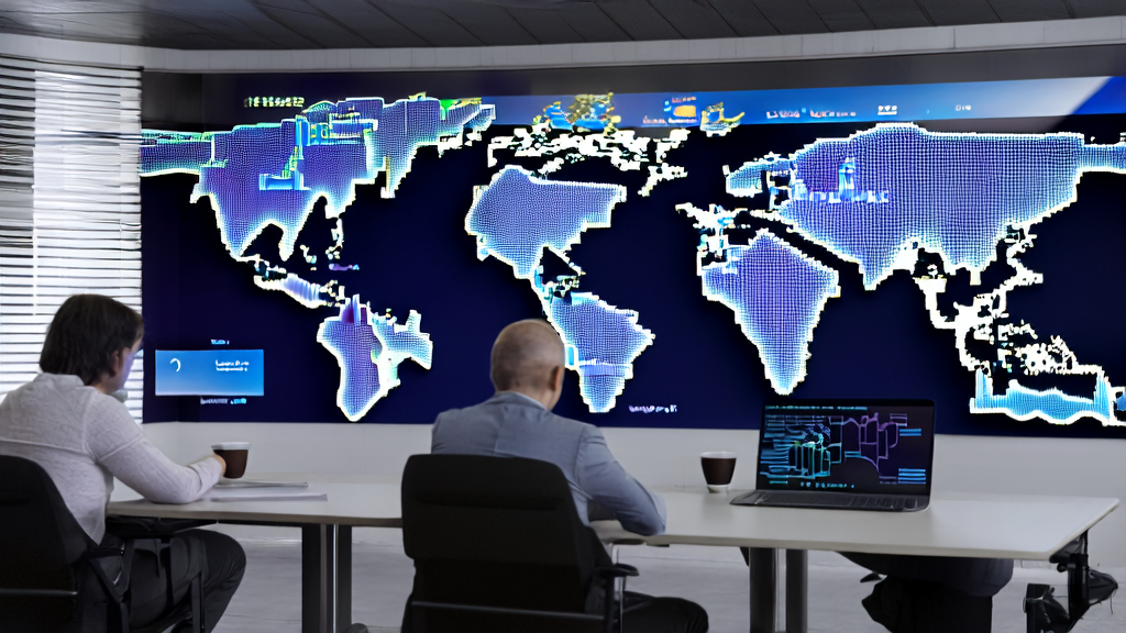 Data analysts in a modern office using AI keyword mining optimization for cross-border commerce analysis