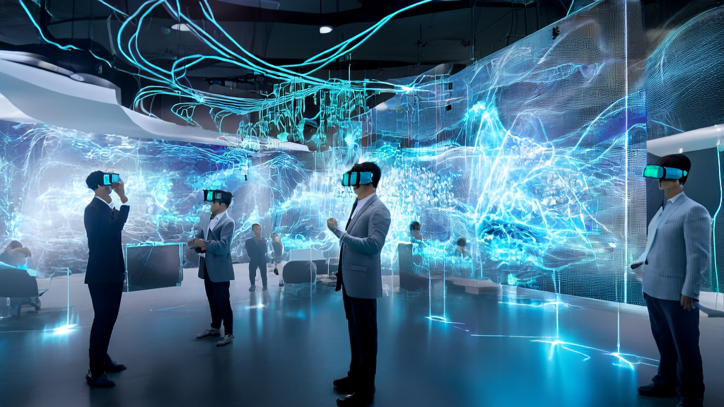 A high-tech office in a futuristic city showcasing AI keyword mining optimization for precise customer acquisition