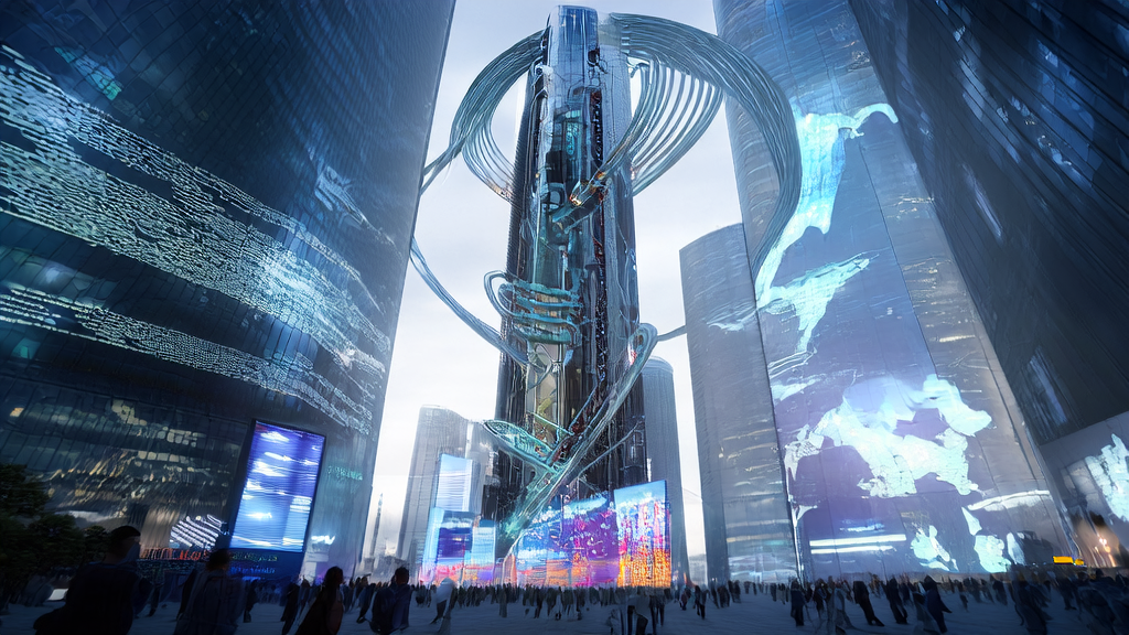 Illustration of AI keyword mining and optimization in a futuristic cityscape