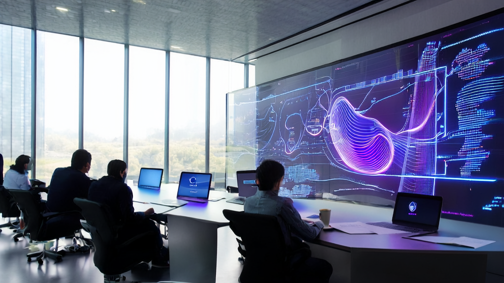 Data scientists conducting AI keyword mining optimization research in an office setting