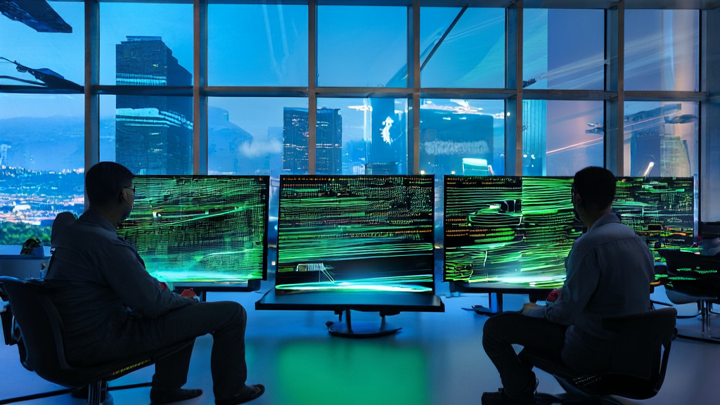 An advanced AI device, Kimi K2 Turbo Preview, operates in a futuristic office with data streaming rapidly on the screen, symbolizing a new era of efficient marketing conversion.