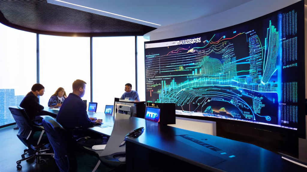 Engineers in a modern office discussing AI keyword mining optimization, with a PyTorch 2.8 release poster and high-performance computer in the background.