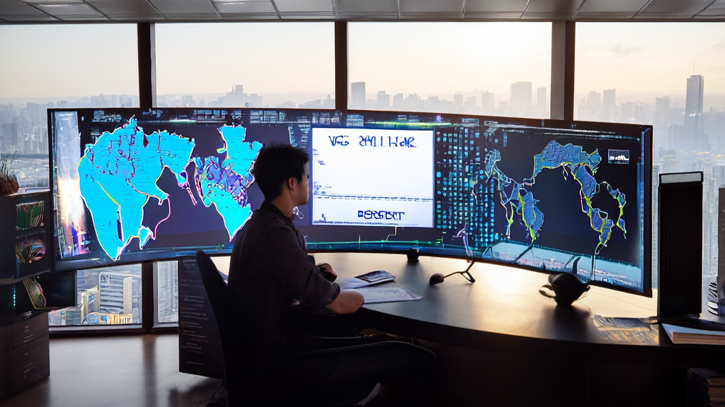 Entrepreneurs in an independent site office using AI technology for keyword optimization and multilingual content creation, with the background of Tsinghua University's open-source TurboDiffusion framework