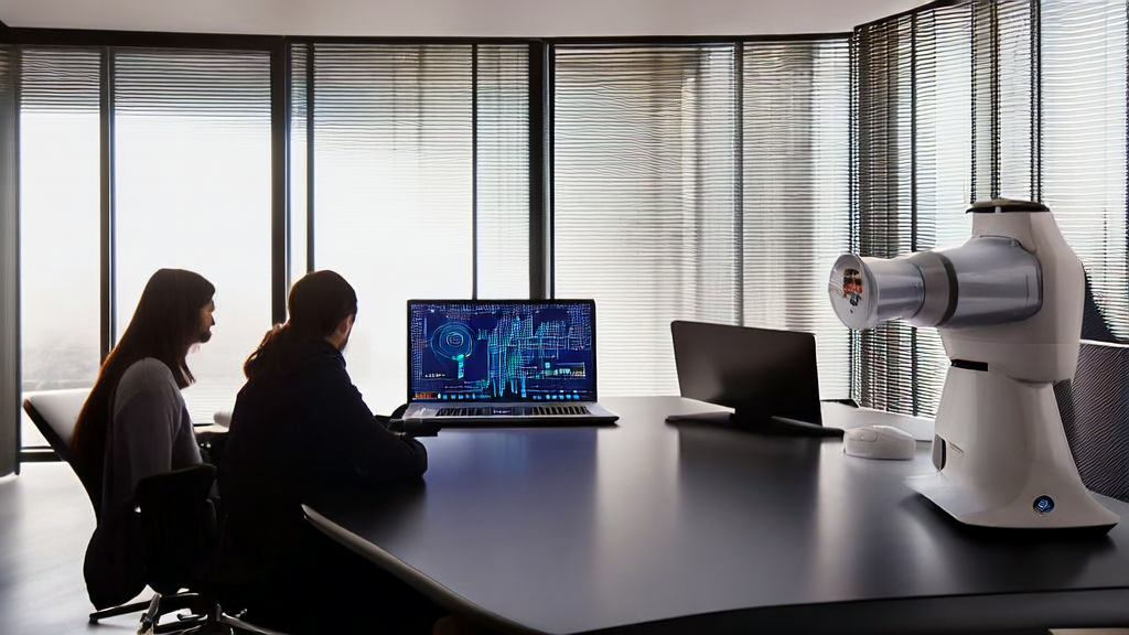A modern office scene where employees are using AI keyword optimization and MuseSteamer to generate videos