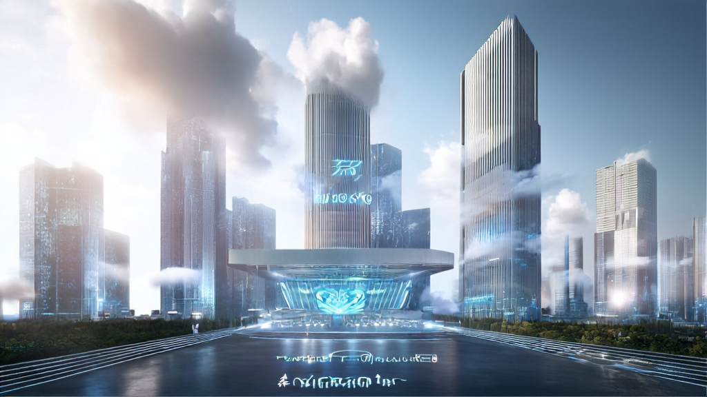 A futuristic city where independent sites boost traffic through AI keyword optimization, powered by Foxconn and OpenAI collaboration