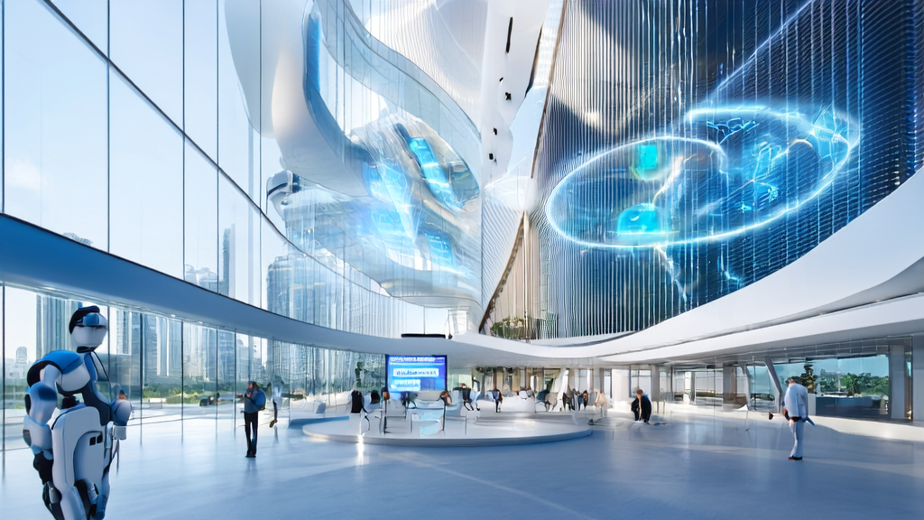 未来城市中的独立站办公楼，通过AI关键词优化实现搜索引擎流量暴增，QQ浏览器AI+小窗提供智能辅助。