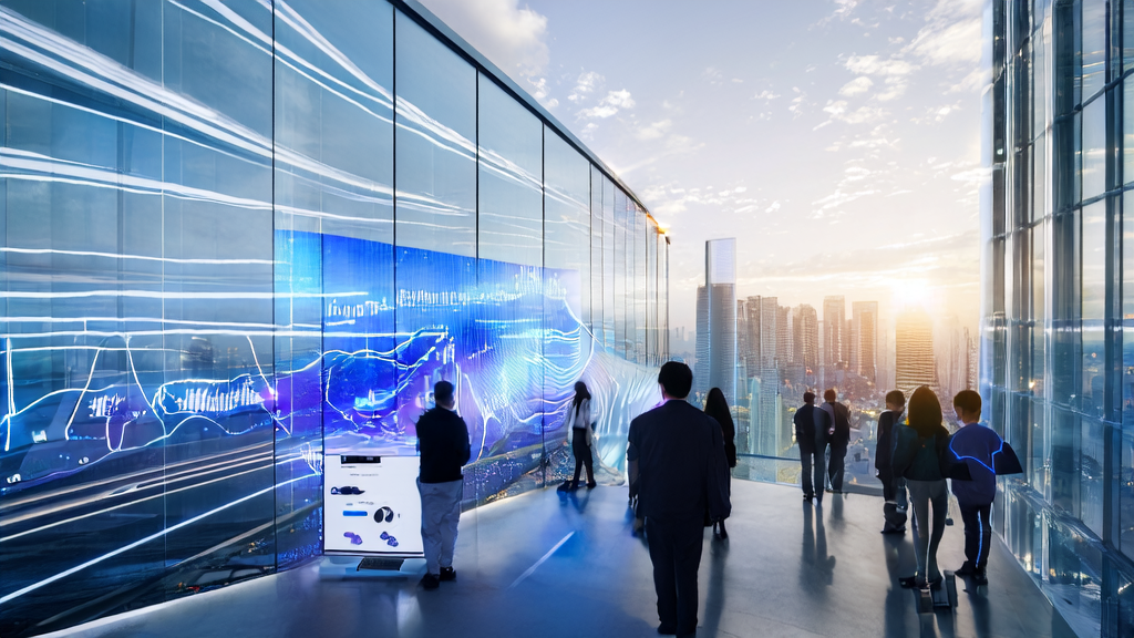 Cross-border commerce team discussing AI keyword optimization tools with a backdrop of a modern city and high-tech building