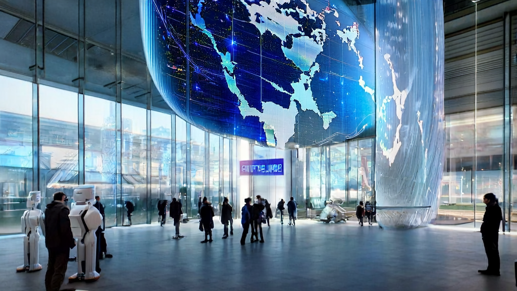 In a modern office building in a futuristic city, technicians are discussing the impact of AI keyword optimization and the Google Nano Banana AI tool on cross-border commerce independent sites.