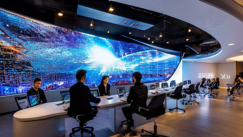 In a futuristic office, young entrepreneurs are discussing AI keyword optimization with a backdrop of a bustling cityscape at night.