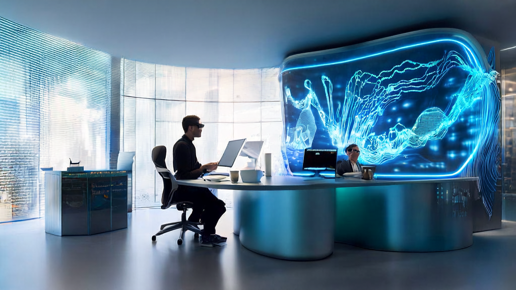 阳光照耀下的现代化办公室，创业者正在使用AI工具进行关键词优化和内容创作