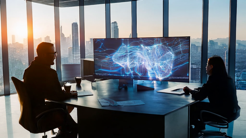 Young entrepreneurs discussing AI keyword optimization in a modern office with a bustling city skyline and the Beijing AI Industry White Paper (2025) on the table