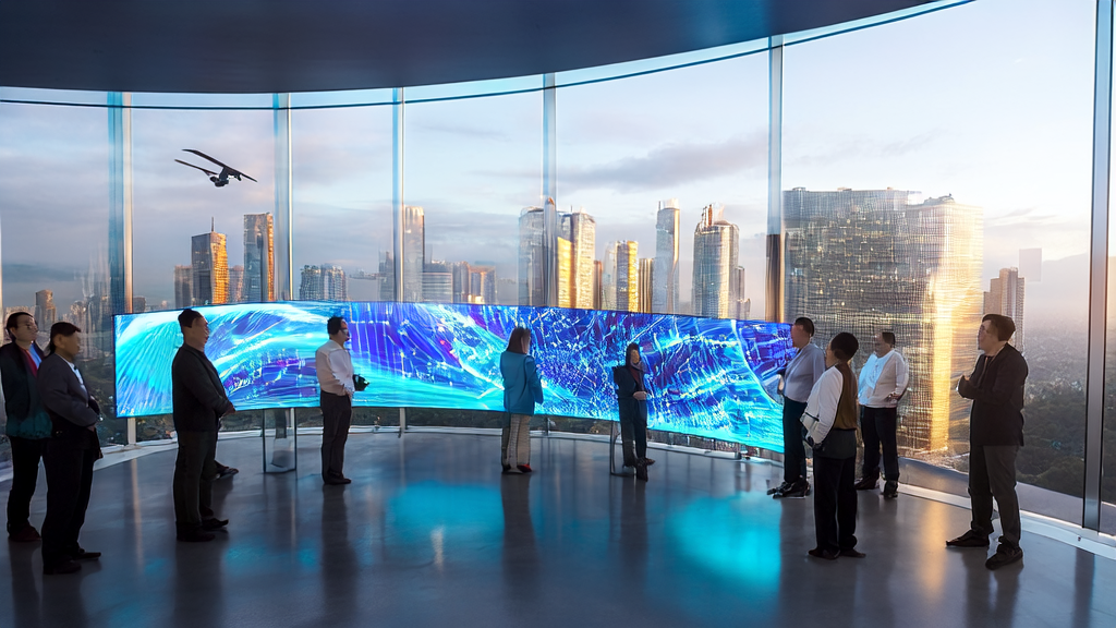 Tech professionals discussing AI keyword optimization in a futuristic city to boost cross-border commerce traffic