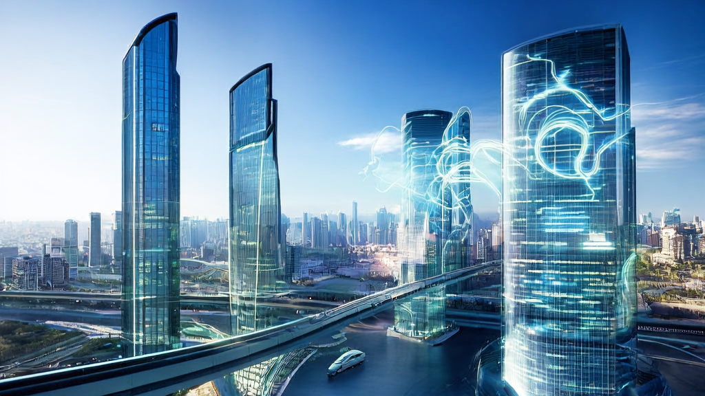 未来城市中的跨境电商独立站办公室，员工们利用AI技术进行关键词优化和数据分析