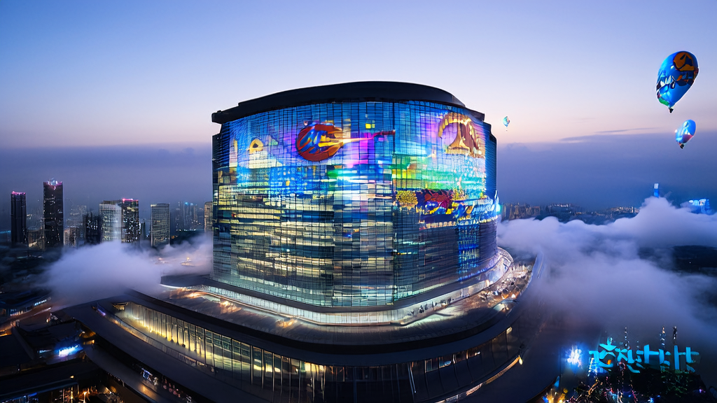 未来城市中的现代化独立站大楼,展示AI关键词优化和跨境电商流量增长的技术支持