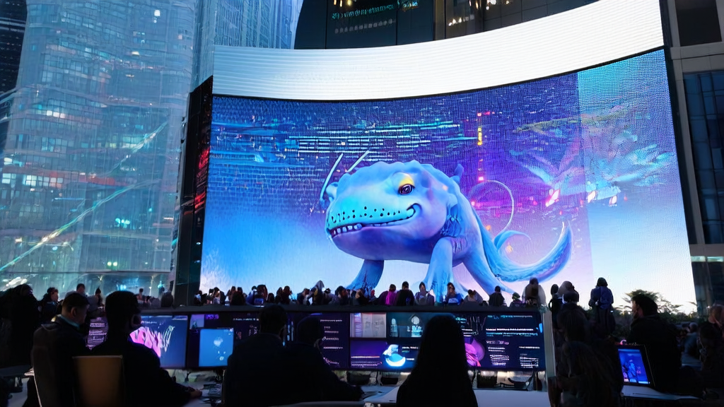 AI keyword optimization for cross-border marketing, showcasing a modern office environment where technicians use advanced AI tools for keyword mining and optimization, with a giant movie screen in the background playing the first AI-animated feature film "Critterz".