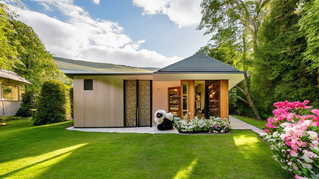 Modern countryside villa and flower shop with a wool felt panda welcoming guests, sunny day