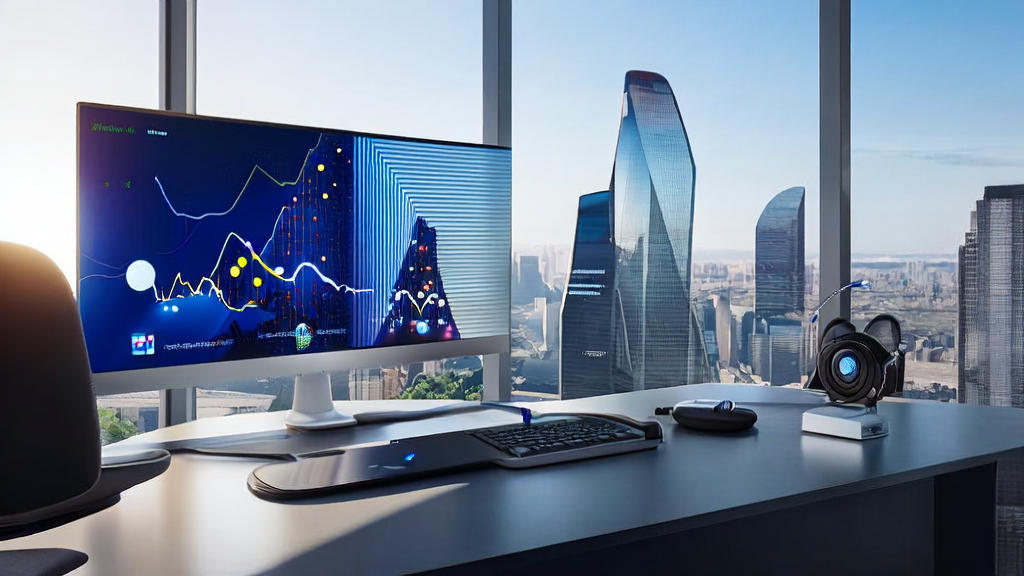 A modern independent site office where employees use AI keyword optimization tools and Google Translate's real-time translator to boost website traffic and user experience.