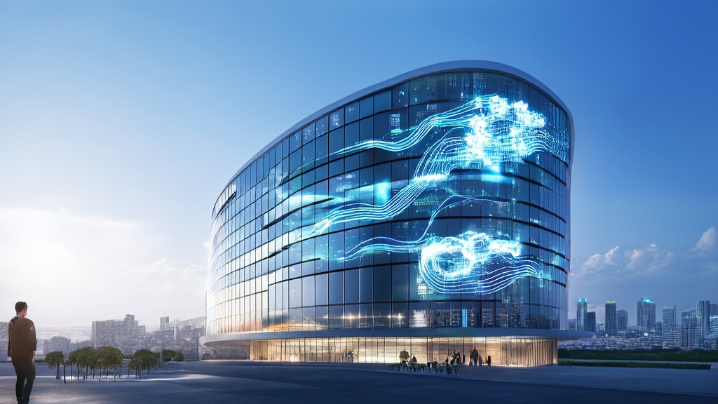 In a high-tech office building of the future, an entrepreneur uses Opera Neon browser and ODRA Agent for keyword optimization to boost independent site traffic.