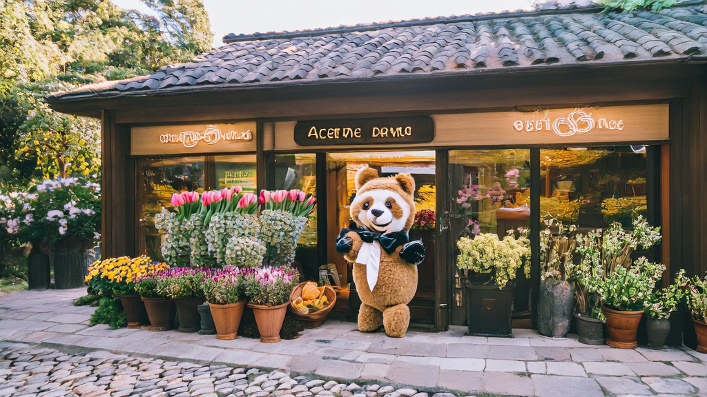 A cozy villa and flower shop under the sunshine, with a sign saying "AI Keyword Optimization" and a felt panda wearing a wide-brimmed hat inside.