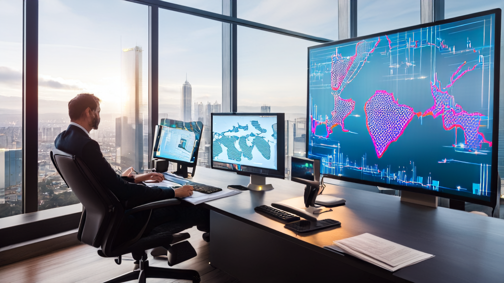 Modern office where an entrepreneur uses AI technology for keyword optimization to boost independent site search engine traffic