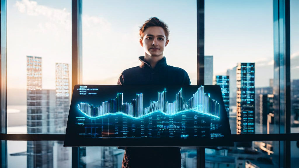 Young entrepreneur using AI keyword optimization to achieve a surge in search engine traffic