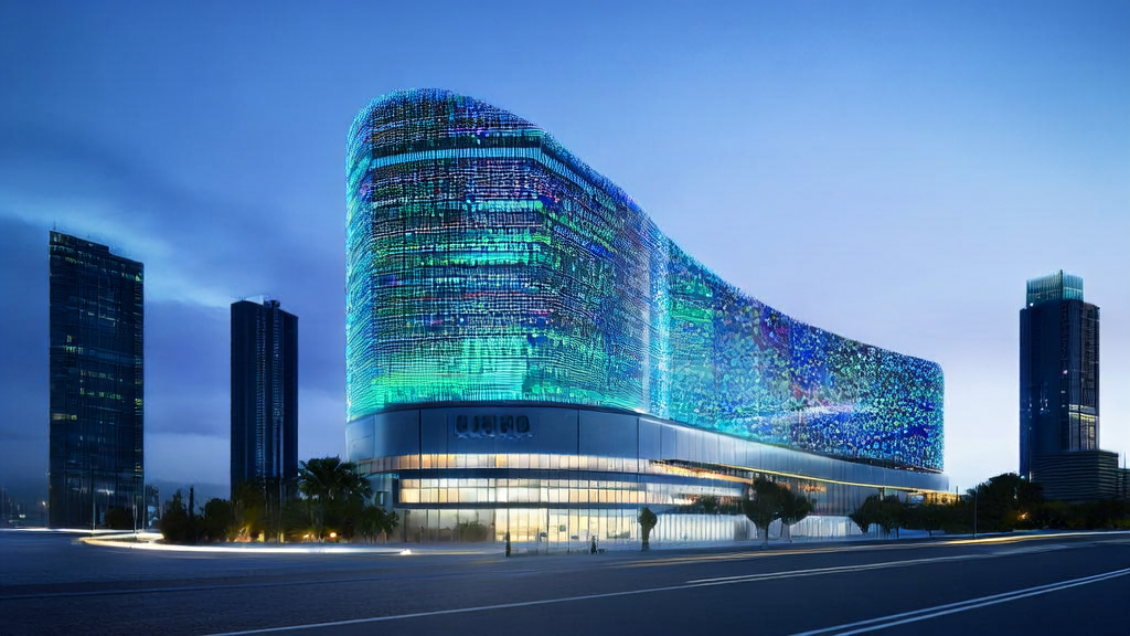 未来智能城市中的独立站办公楼，展示AI关键词优化的实时监控和数据分析